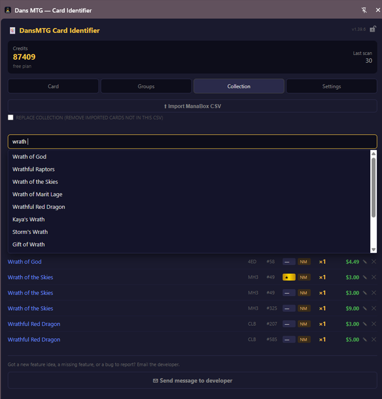 Dans MTG collection view showing a card name search with suggestions and owned cards listed with set, number, foil, condition, quantity and value