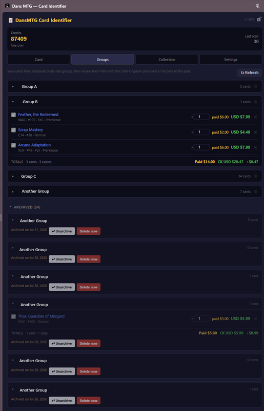 Dans MTG groups view showing saved cards grouped by post with paid price, market price, group totals and archived groups
