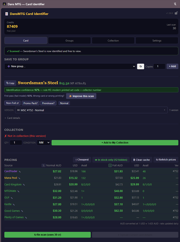 Dans MTG showing an identified card with its version, identification confidence, collection status and a price table comparing multiple stores in AUD and USD