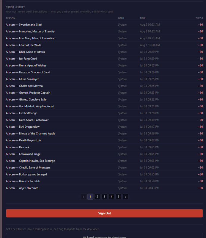 Dans MTG settings showing the credit history table of recent AI scans with dates and credit cost, plus the sign out option